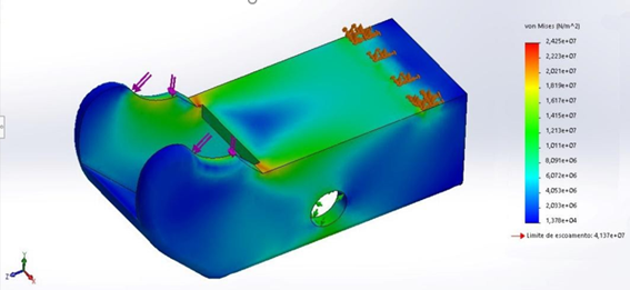 Simulação de esforços atuantes em um componente de drone por meio da modelagem.